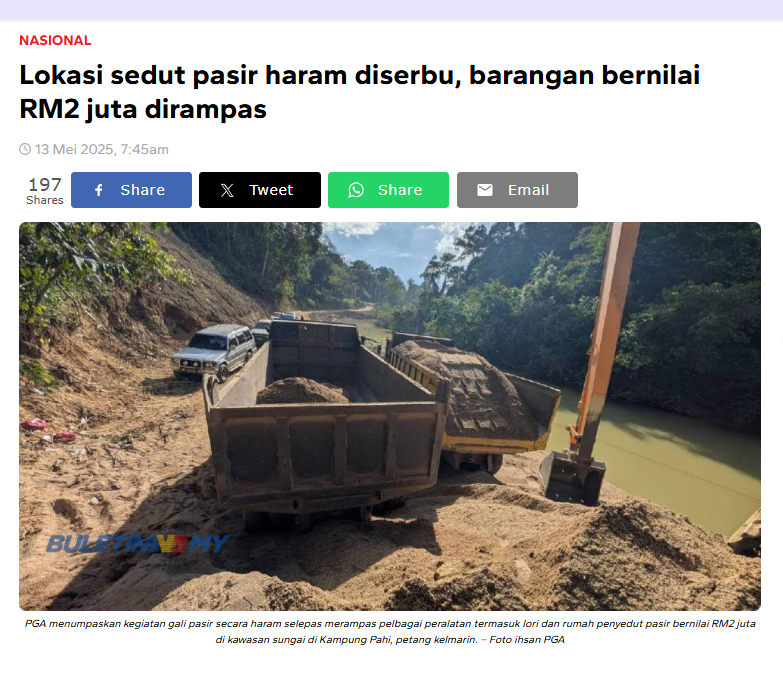 Lokasi sedut pasir haram diserbu, barangan bernilai RM2 juta dirampas