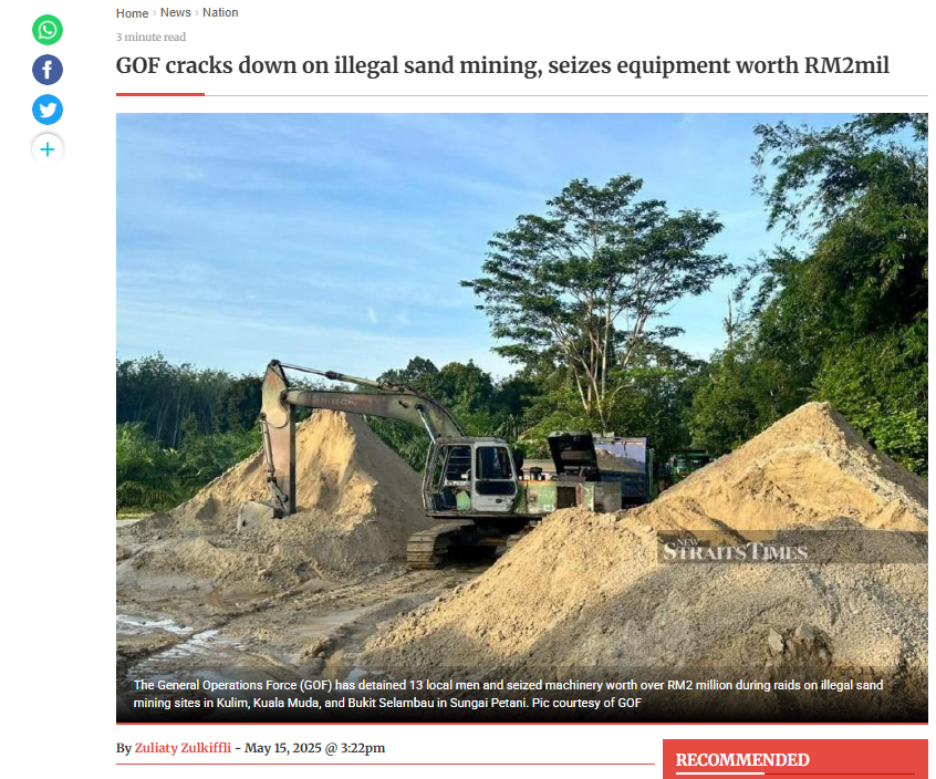 GOF cracks down on illegal sand mining, seizes equipment worth RM2mil