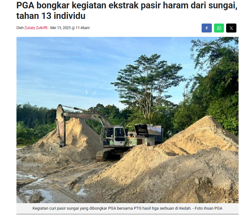 PGA bongkar kegiatan ekstrak pasir haram dari sungai, tahan 13 individu